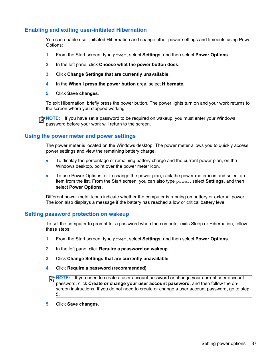 Enabling and exiting user-initiated hibernation, Using the power meter and power settings, Setting password protection on wakeup | HP EliteBook Revolve 810 G1 Tablet User Manual | Page 47 / 101