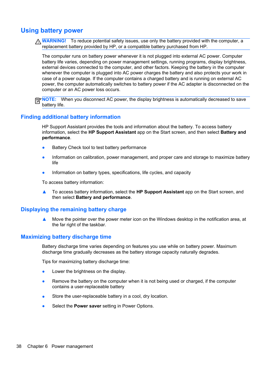 Using battery power, Finding additional battery information, Displaying the remaining battery charge | Maximizing battery discharge time | HP EliteBook Revolve 810 G1 Tablet User Manual | Page 48 / 101