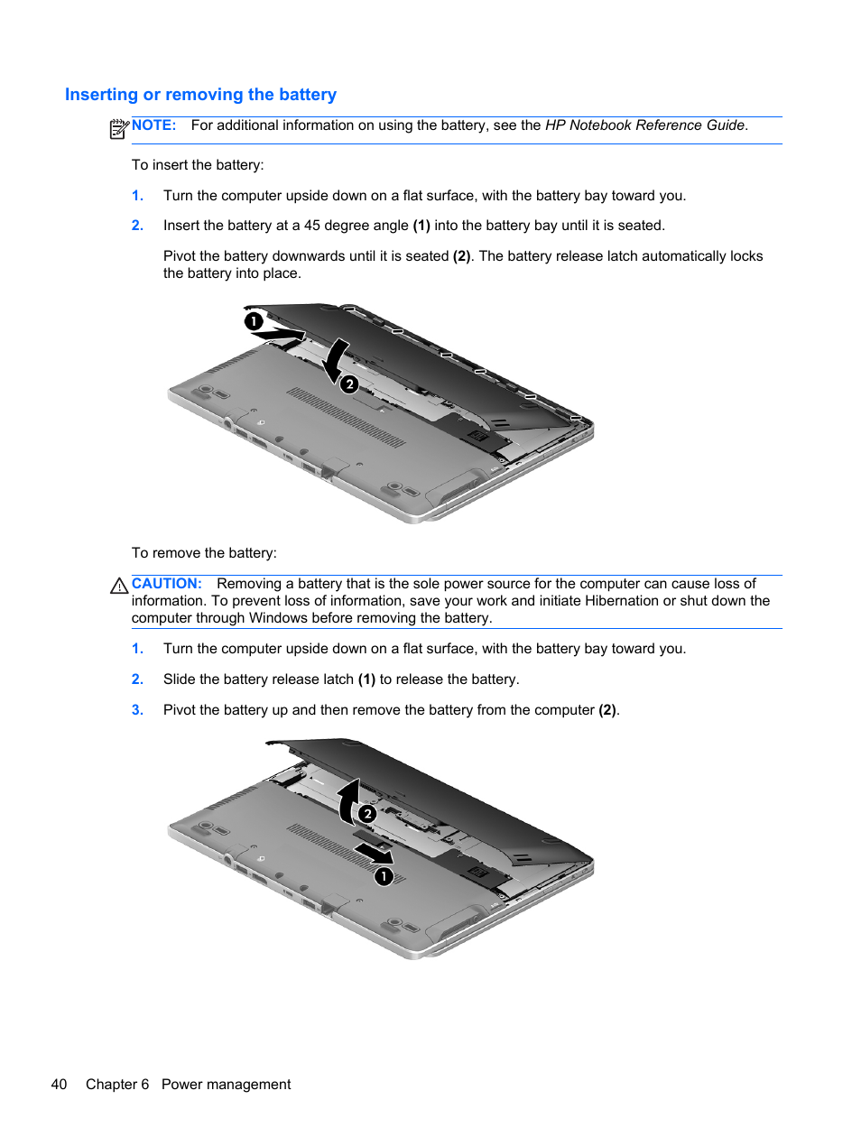 Inserting or removing the battery | HP EliteBook Revolve 810 G1 Tablet User Manual | Page 50 / 101
