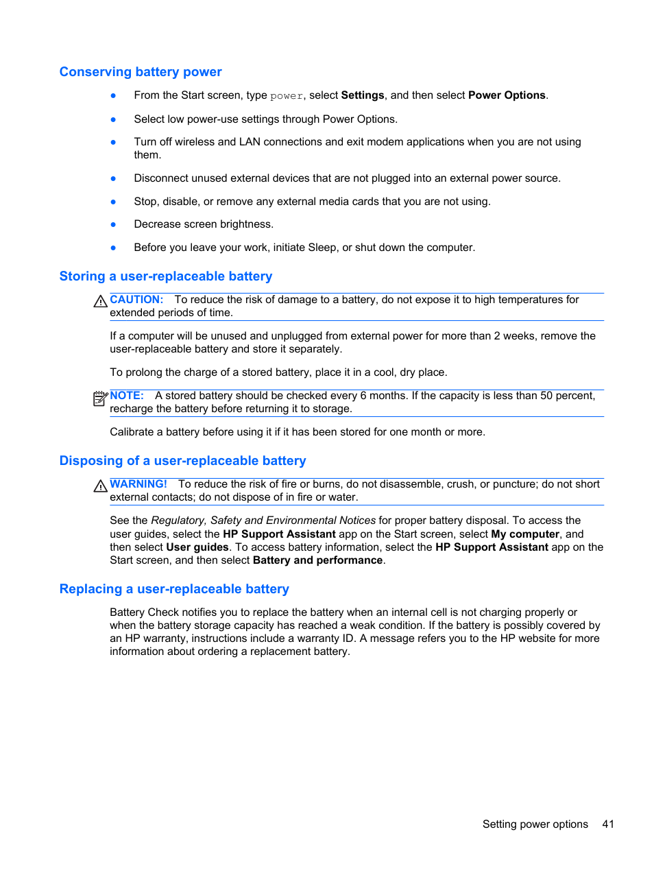Conserving battery power, Storing a user-replaceable battery, Disposing of a user-replaceable battery | Replacing a user-replaceable battery | HP EliteBook Revolve 810 G1 Tablet User Manual | Page 51 / 101