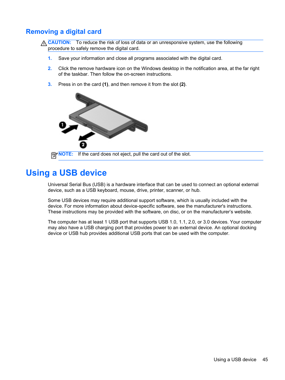 Removing a digital card, Using a usb device | HP EliteBook Revolve 810 G1 Tablet User Manual | Page 55 / 101