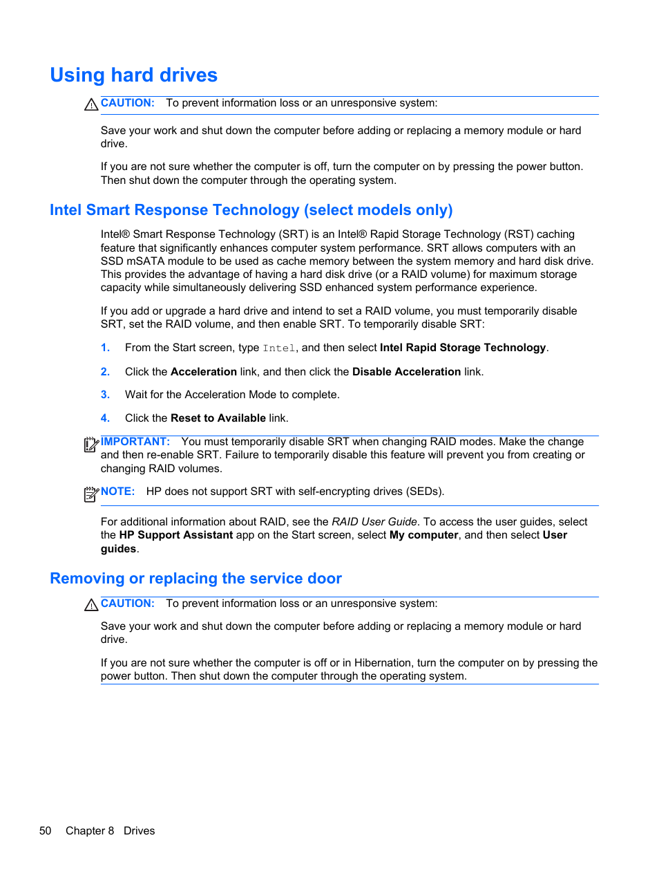 Using hard drives, Removing or replacing the service door | HP EliteBook Revolve 810 G1 Tablet User Manual | Page 60 / 101
