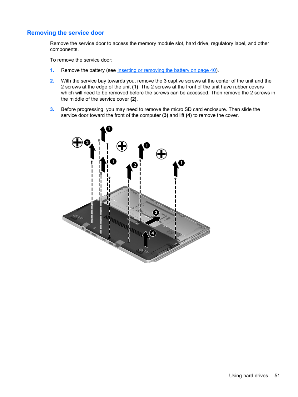 Removing the service door | HP EliteBook Revolve 810 G1 Tablet User Manual | Page 61 / 101