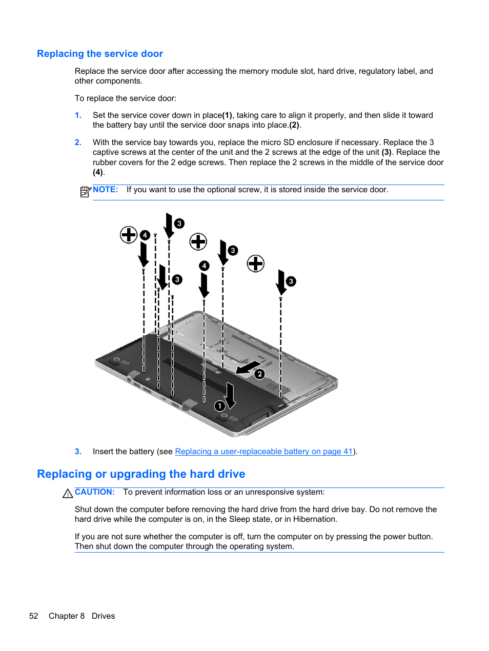 Replacing the service door, Replacing or upgrading the hard drive | HP EliteBook Revolve 810 G1 Tablet User Manual | Page 62 / 101