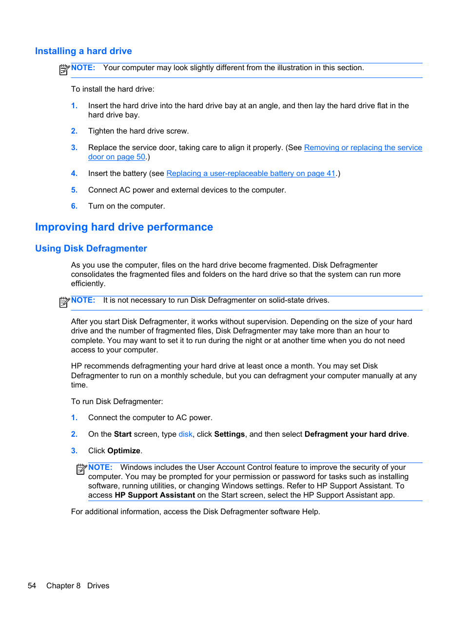 Installing a hard drive, Improving hard drive performance, Using disk defragmenter | HP EliteBook Revolve 810 G1 Tablet User Manual | Page 64 / 101