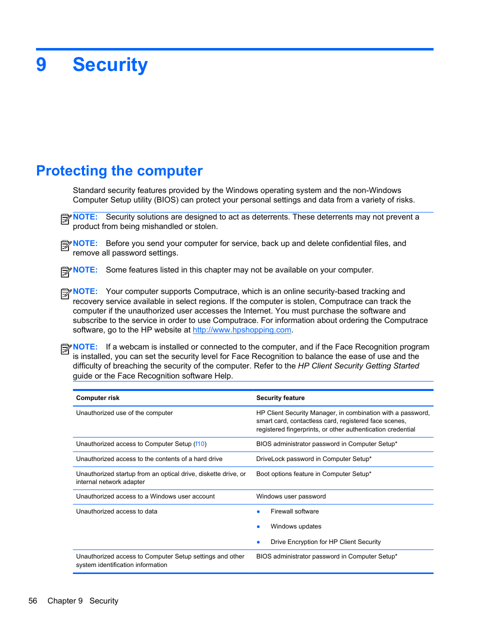 Security, Protecting the computer, 9 security | 9security | HP EliteBook Revolve 810 G1 Tablet User Manual | Page 66 / 101
