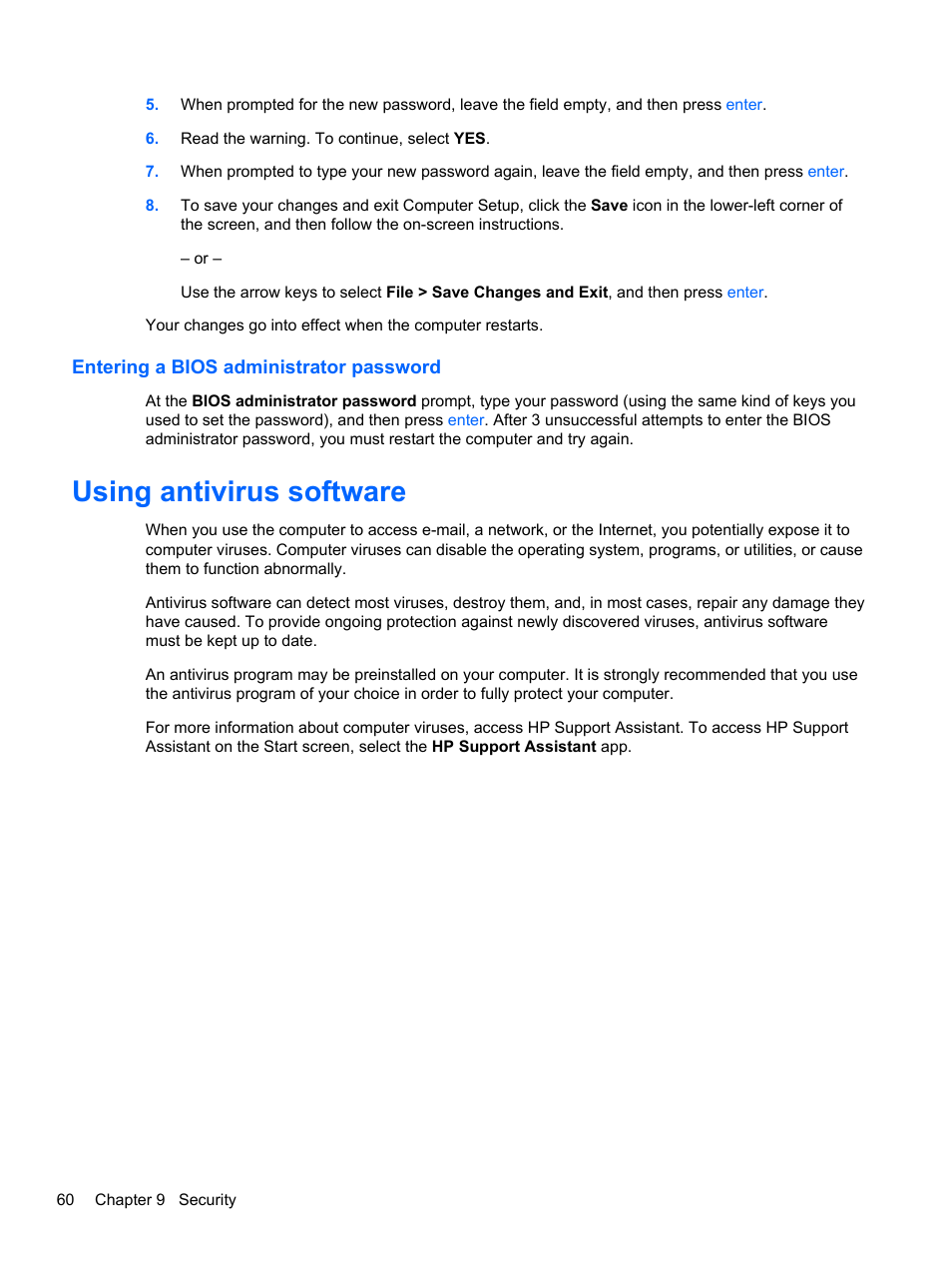 Entering a bios administrator password, Using antivirus software | HP EliteBook Revolve 810 G1 Tablet User Manual | Page 70 / 101