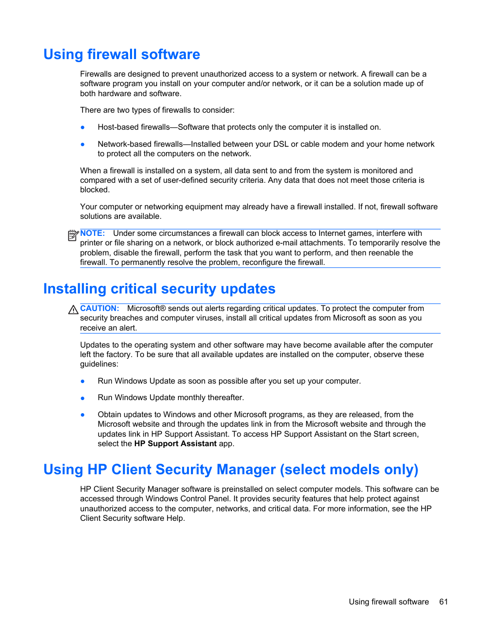 Using firewall software, Installing critical security updates | HP EliteBook Revolve 810 G1 Tablet User Manual | Page 71 / 101