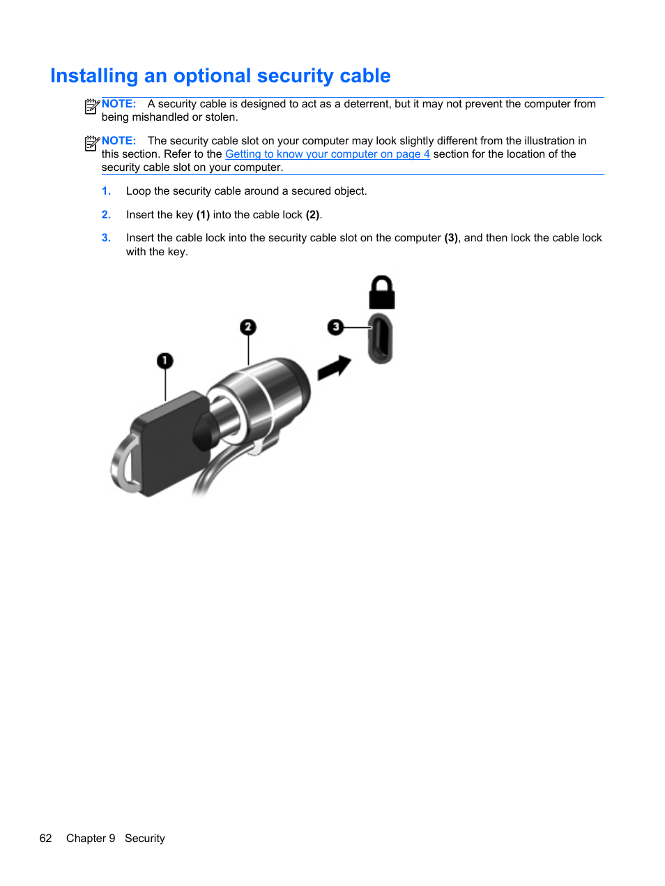 Installing an optional security cable | HP EliteBook Revolve 810 G1 Tablet User Manual | Page 72 / 101