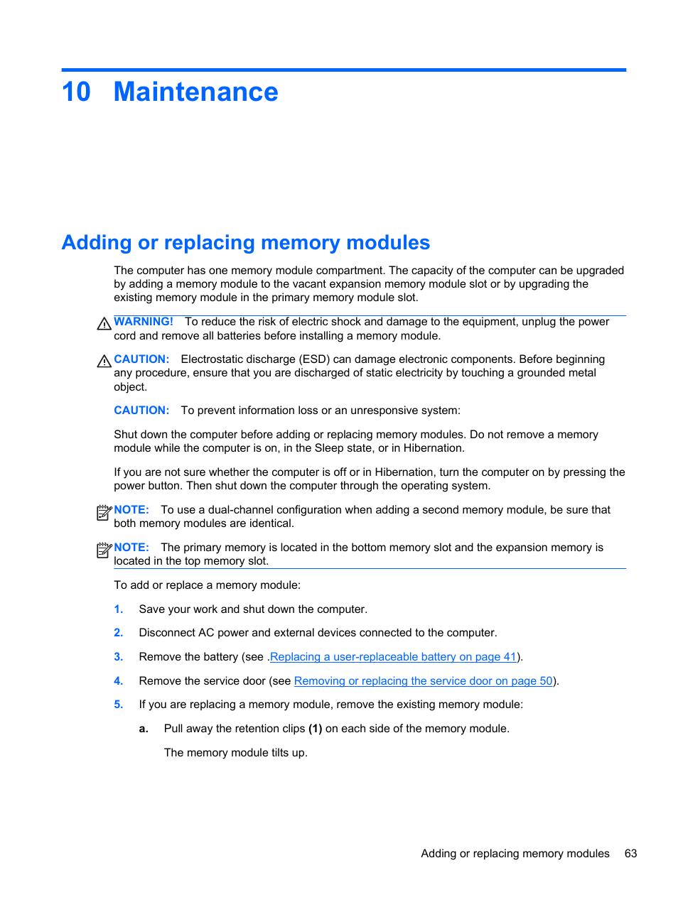 Maintenance, Adding or replacing memory modules, 10 maintenance | HP EliteBook Revolve 810 G1 Tablet User Manual | Page 73 / 101