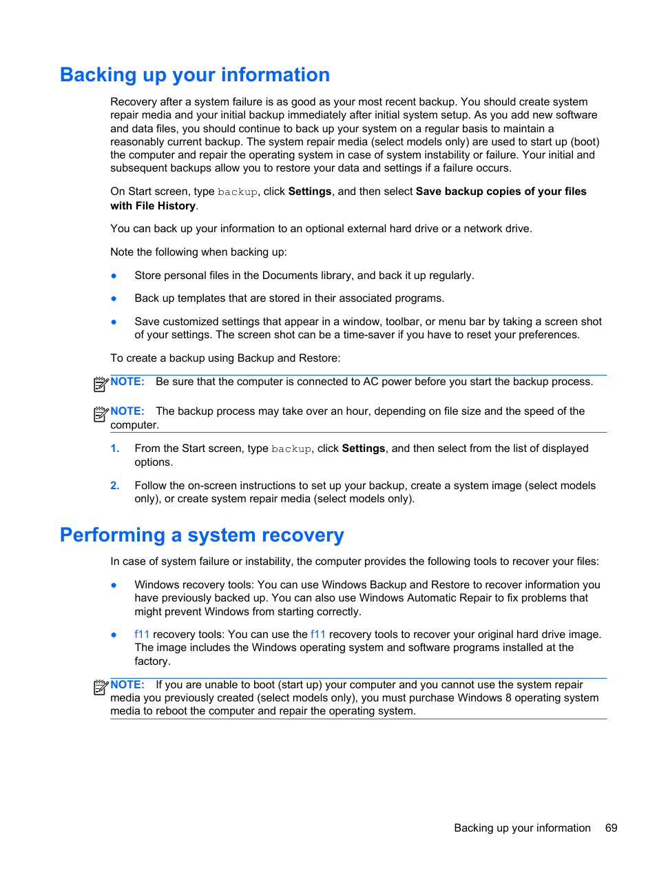 Backing up your information, Performing a system recovery | HP EliteBook Revolve 810 G1 Tablet User Manual | Page 79 / 101