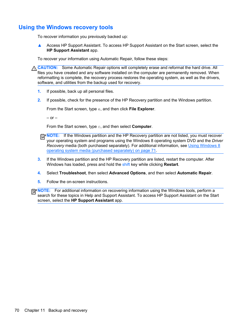 Using the windows recovery tools | HP EliteBook Revolve 810 G1 Tablet User Manual | Page 80 / 101