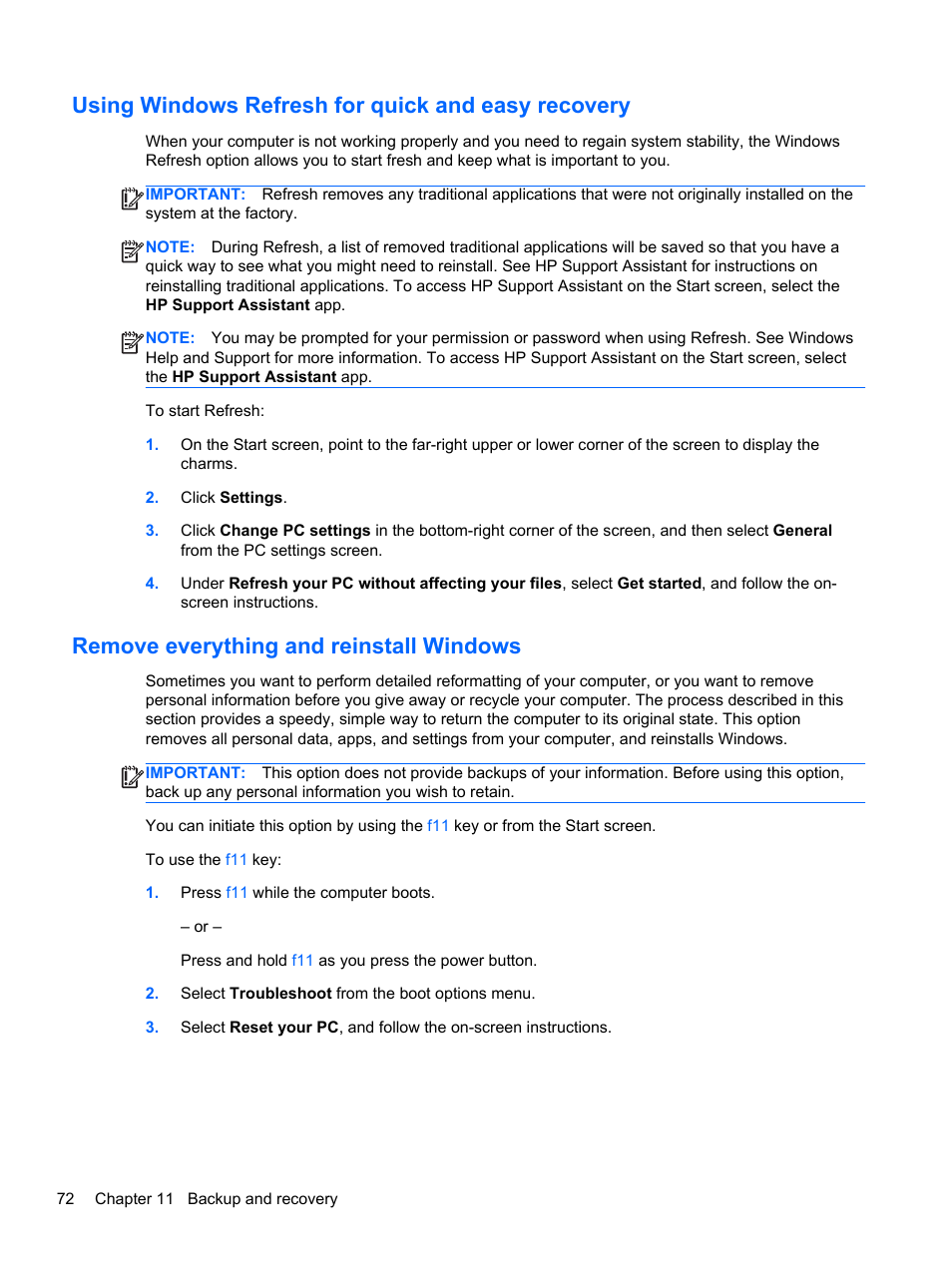 Using windows refresh for quick and easy recovery, Remove everything and reinstall windows | HP EliteBook Revolve 810 G1 Tablet User Manual | Page 82 / 101