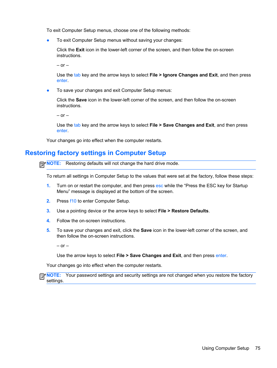 Restoring factory settings in computer setup | HP EliteBook Revolve 810 G1 Tablet User Manual | Page 85 / 101