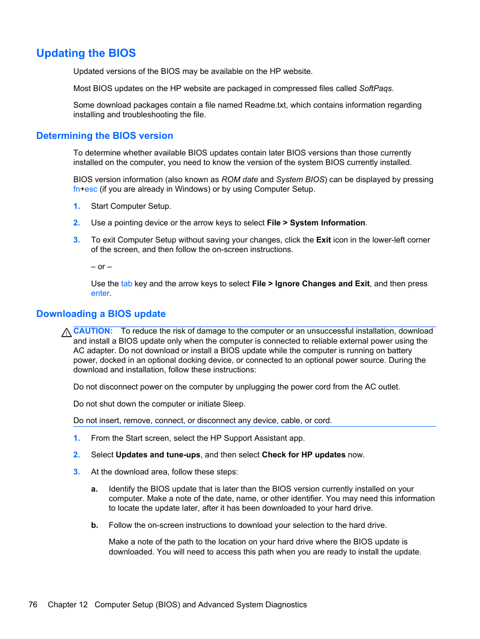 Updating the bios, Determining the bios version, Downloading a bios update | HP EliteBook Revolve 810 G1 Tablet User Manual | Page 86 / 101