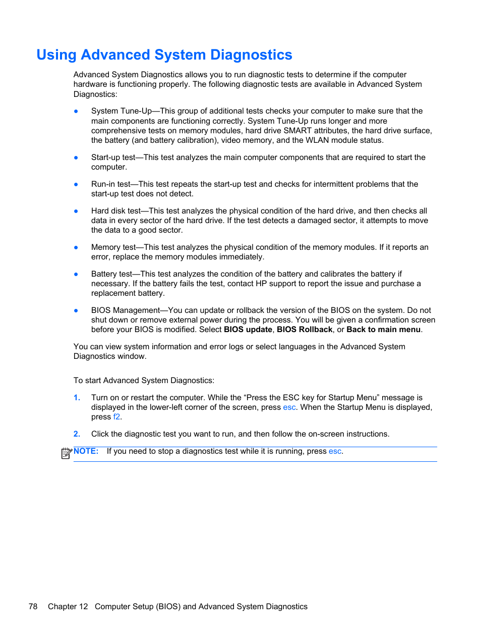 Using advanced system diagnostics | HP EliteBook Revolve 810 G1 Tablet User Manual | Page 88 / 101