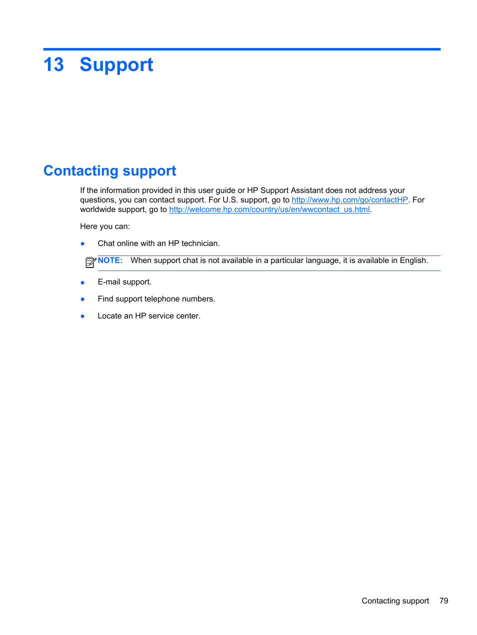Support, Contacting support, 13 support | HP EliteBook Revolve 810 G1 Tablet User Manual | Page 89 / 101