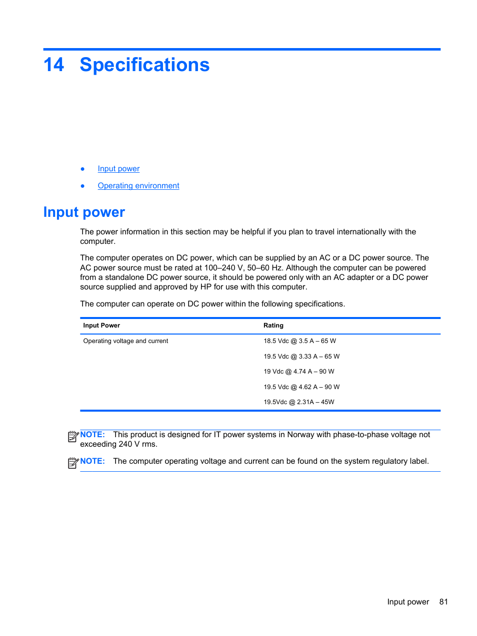 Specifications, Input power, 14 specifications | HP EliteBook Revolve 810 G1 Tablet User Manual | Page 91 / 101