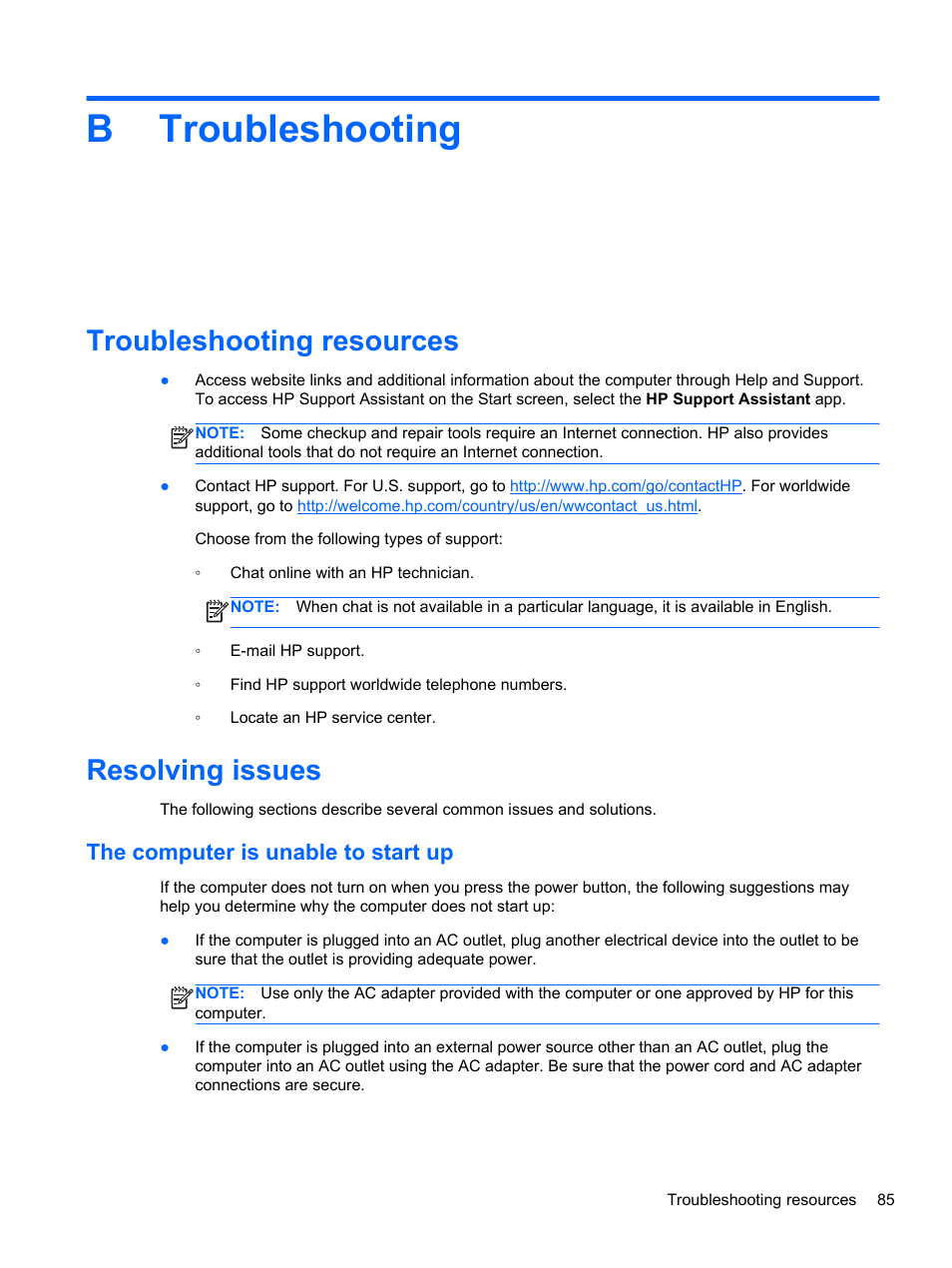 Troubleshooting, Troubleshooting resources, Resolving issues | The computer is unable to start up, Appendix b troubleshooting, Troubleshooting resources resolving issues, Btroubleshooting | HP EliteBook Revolve 810 G1 Tablet User Manual | Page 95 / 101