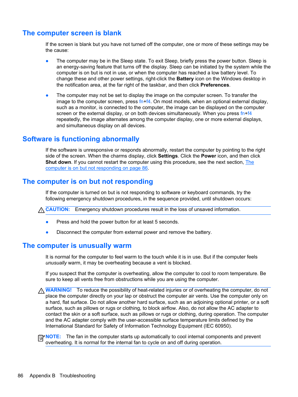 The computer screen is blank, Software is functioning abnormally, The computer is on but not responding | The computer is unusually warm | HP EliteBook Revolve 810 G1 Tablet User Manual | Page 96 / 101