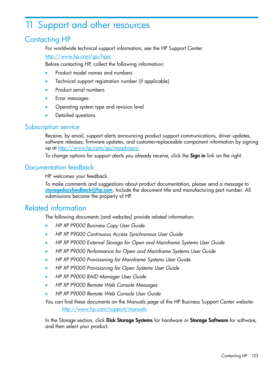 11 support and other resources, Contacting hp, Subscription service | Documentation feedback, Related information, Subscription service documentation feedback | HP XP P9500 Storage User Manual | Page 123 / 192