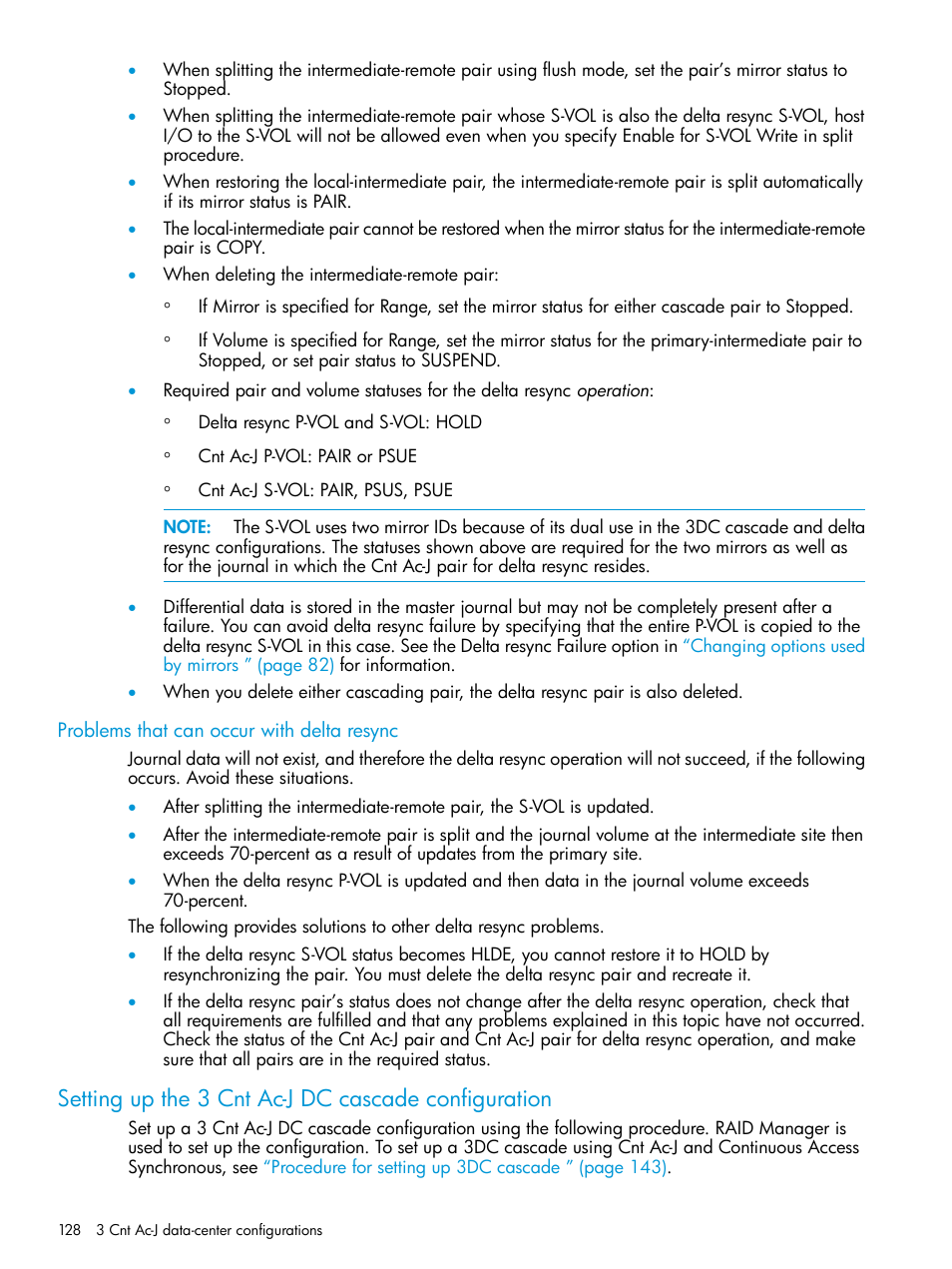 Problems that can occur with delta resync, Setting up the 3 cnt ac-j dc cascade configuration | HP XP P9500 Storage User Manual | Page 128 / 192