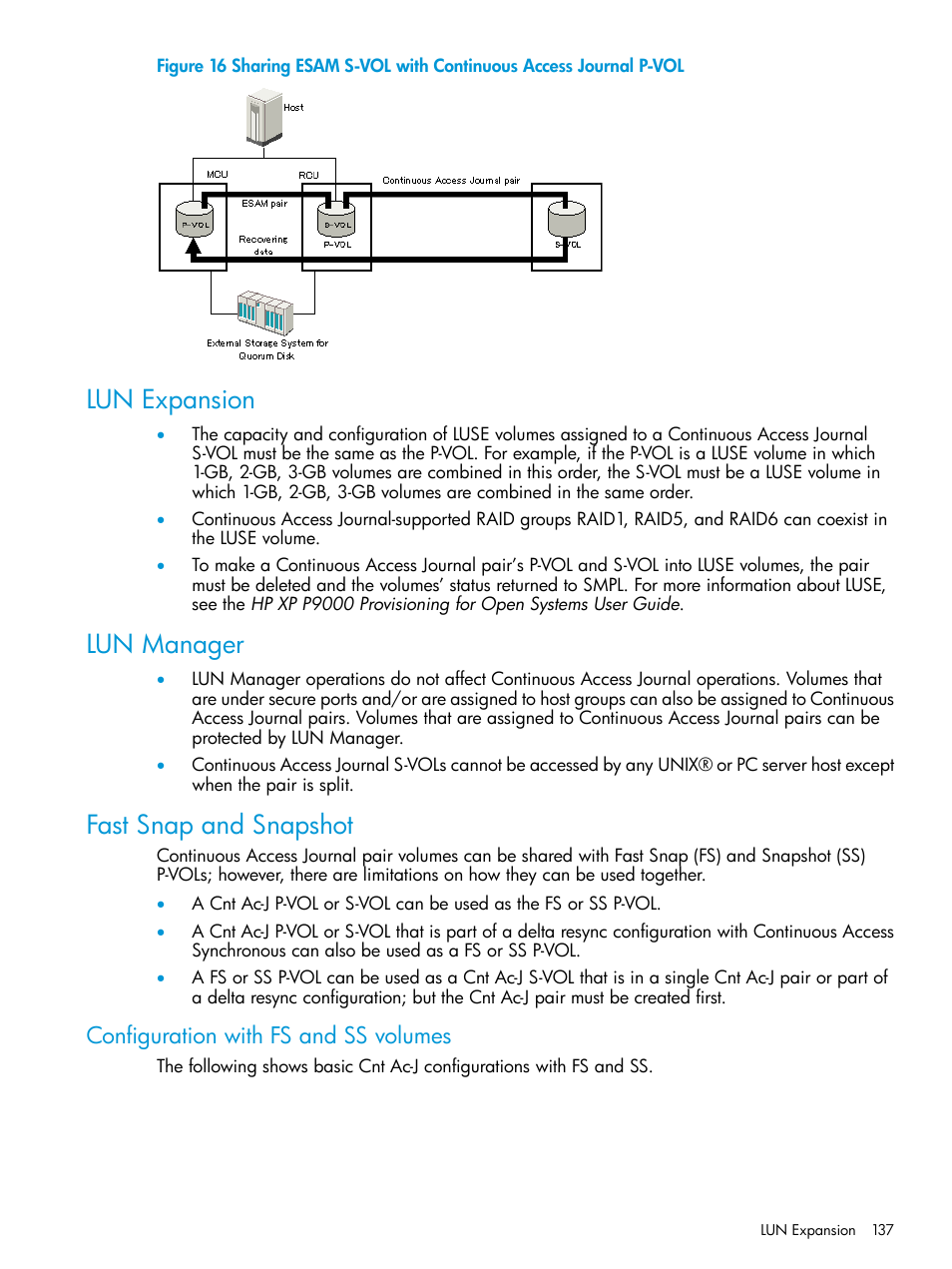 Lun expansion, Lun manager, Fast snap and snapshot | Configuration with fs and ss volumes, Lun expansion lun manager fast snap and snapshot | HP XP P9500 Storage User Manual | Page 137 / 192