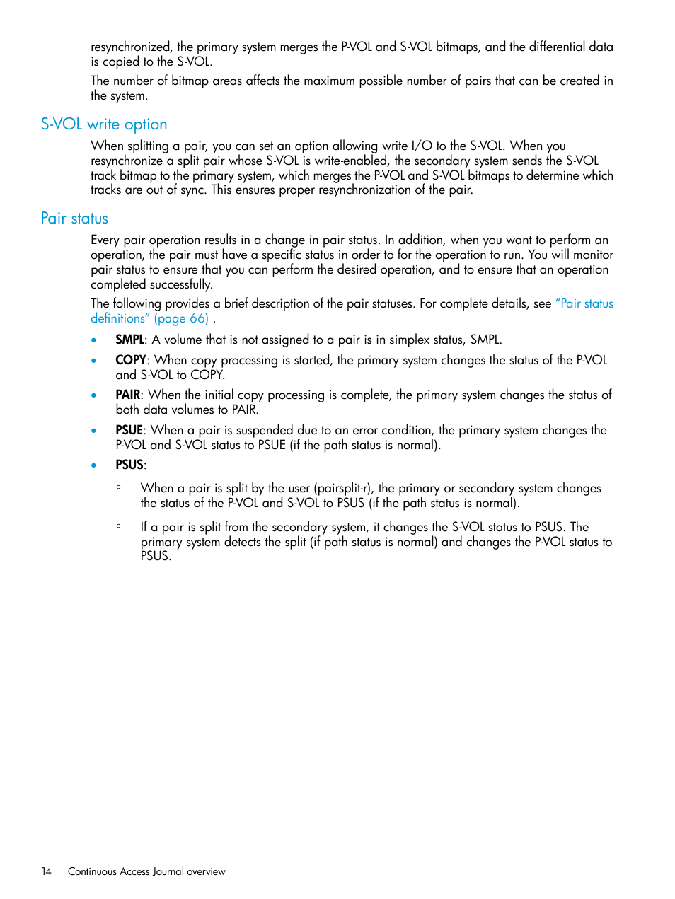 S-vol write option, Pair status, S-vol write option pair status | HP XP P9500 Storage User Manual | Page 14 / 192