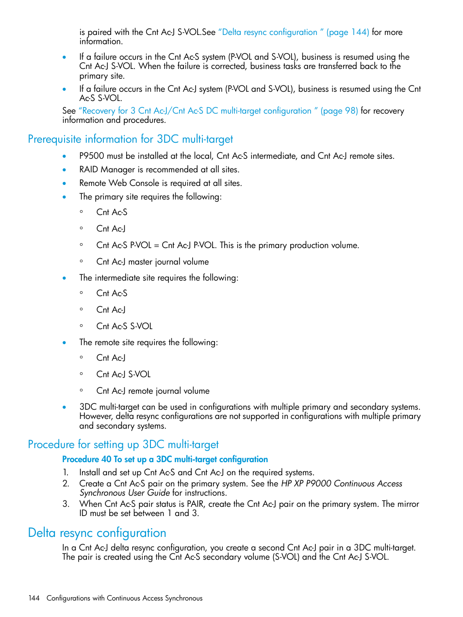 Prerequisite information for 3dc multi-target, Procedure for setting up 3dc multi-target, Delta resync configuration | Delta, Delta resync | HP XP P9500 Storage User Manual | Page 144 / 192
