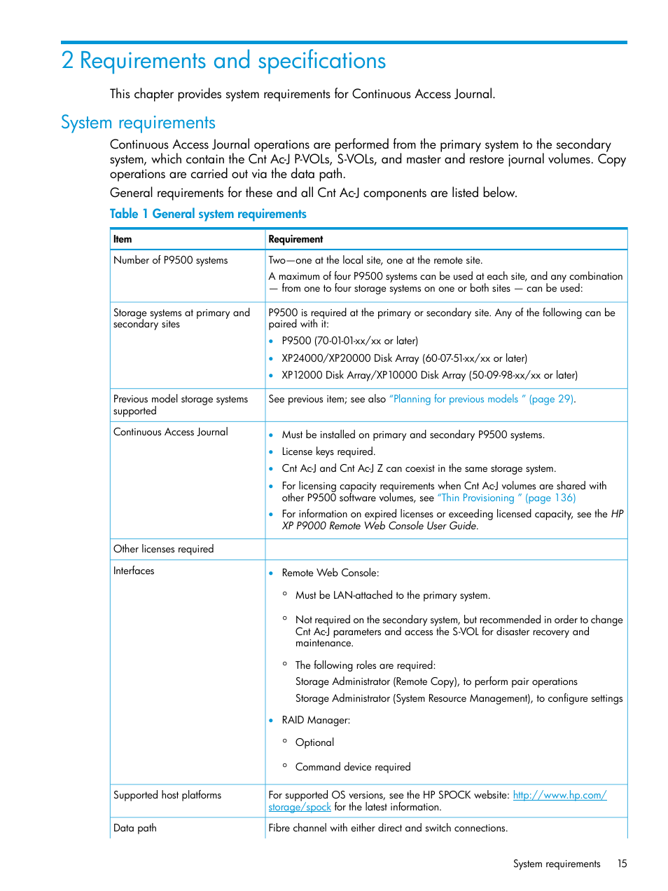 2 requirements and specifications, System requirements | HP XP P9500 Storage User Manual | Page 15 / 192