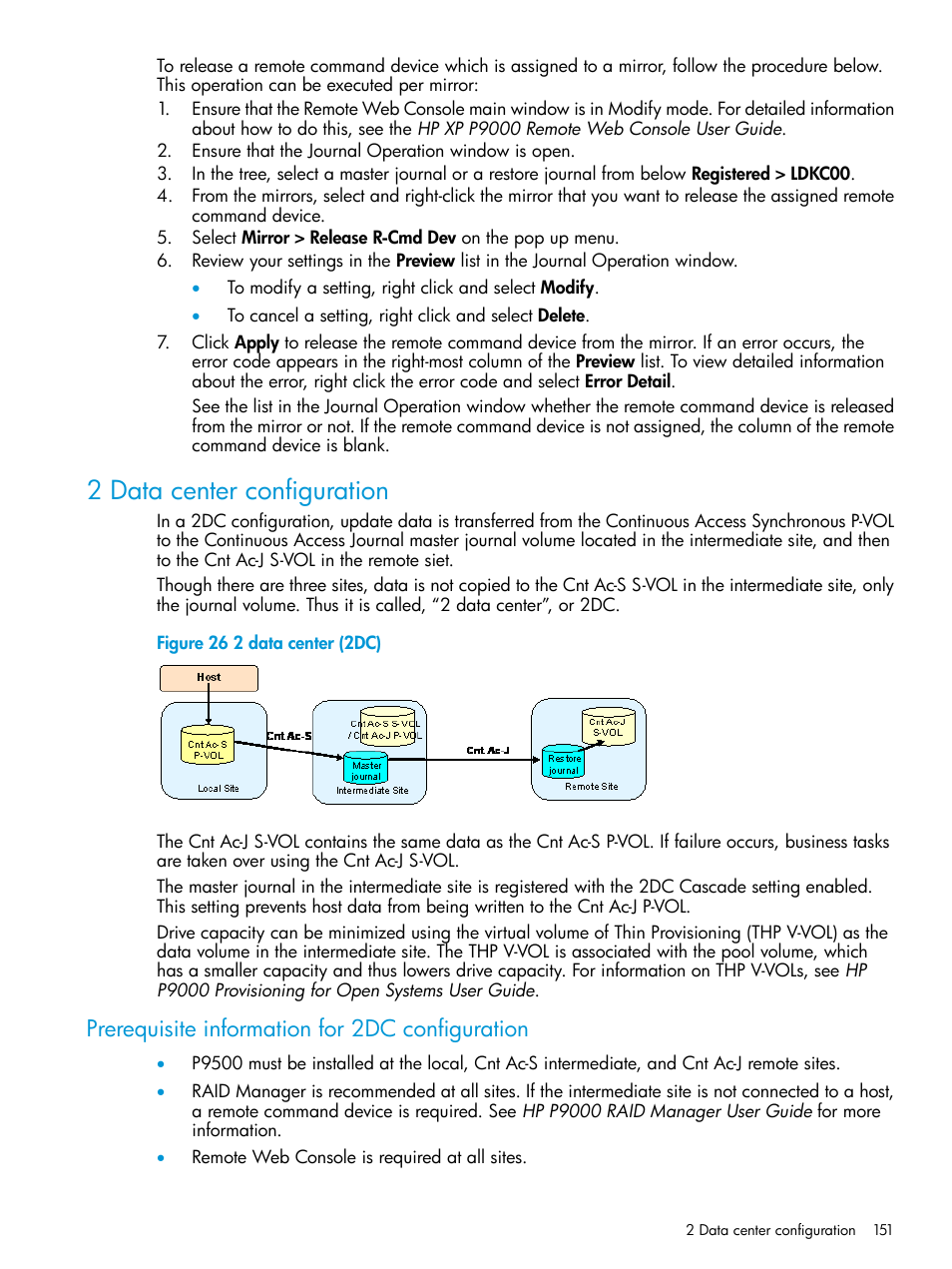 2 data center configuration, Prerequisite information for 2dc configuration, 2 data | HP XP P9500 Storage User Manual | Page 151 / 192