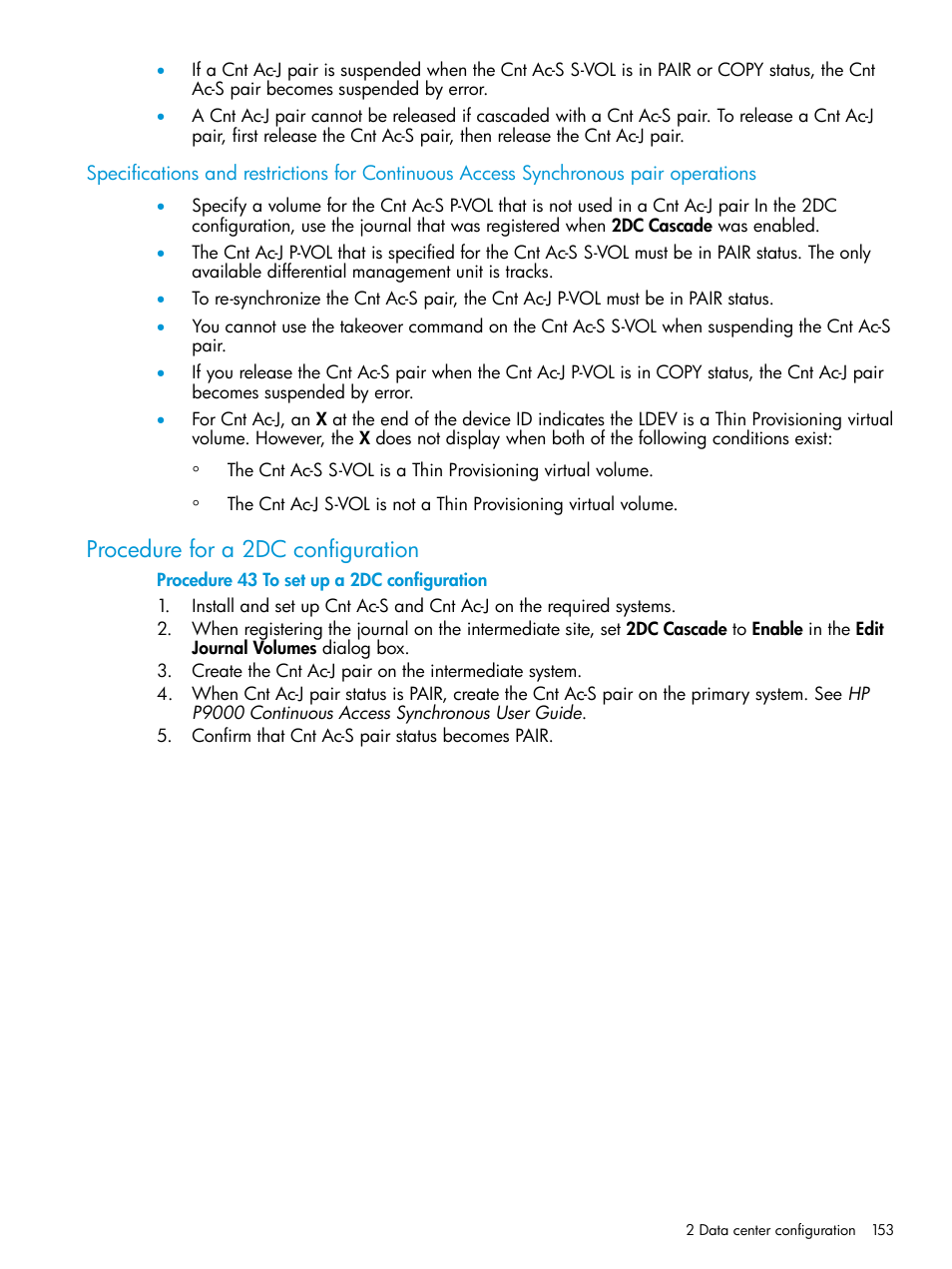 Procedure for a 2dc configuration | HP XP P9500 Storage User Manual | Page 153 / 192