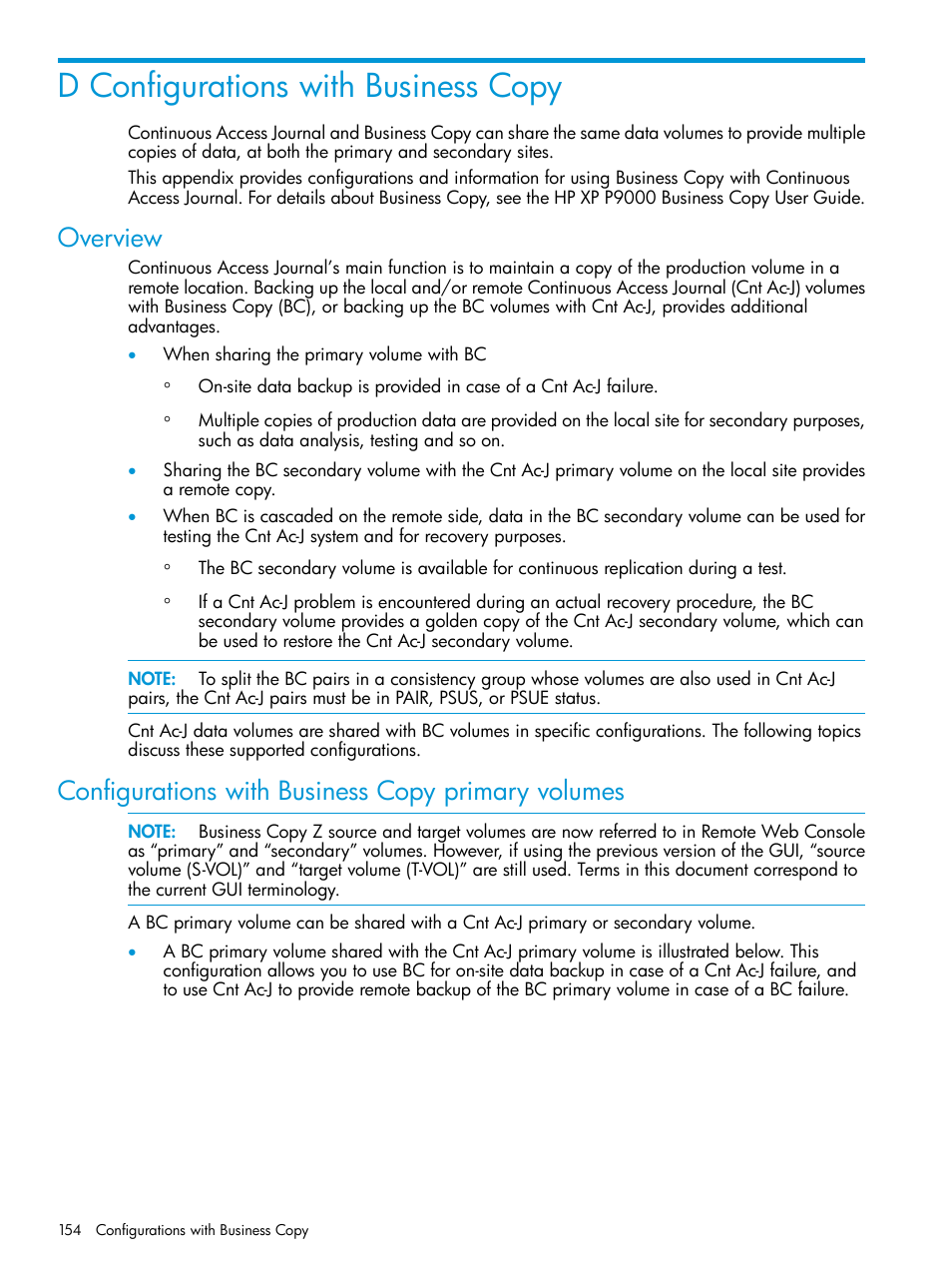 D configurations with business copy, Overview, Configurations with business copy primary volumes | HP XP P9500 Storage User Manual | Page 154 / 192