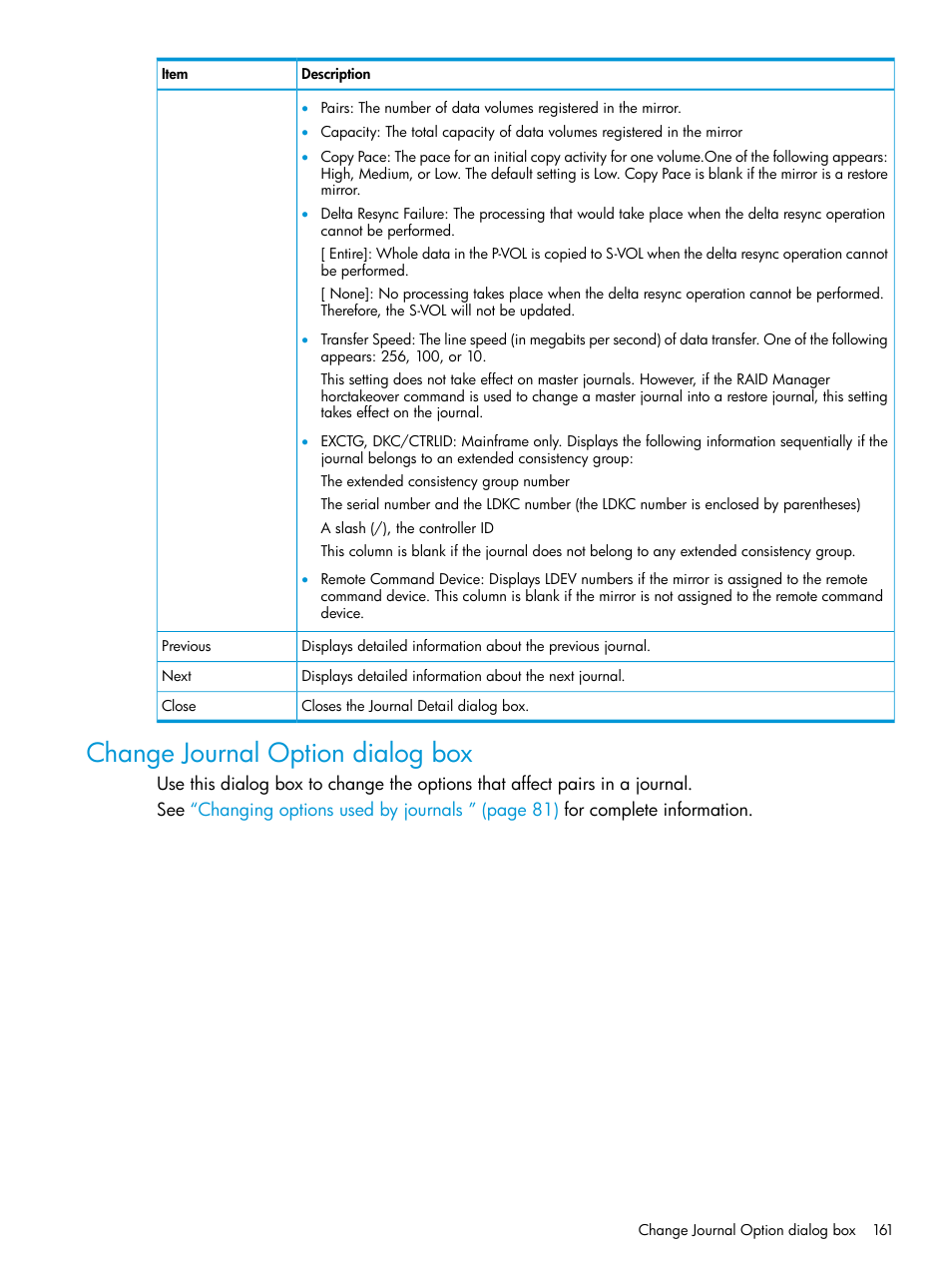 Change journal option dialog box | HP XP P9500 Storage User Manual | Page 161 / 192