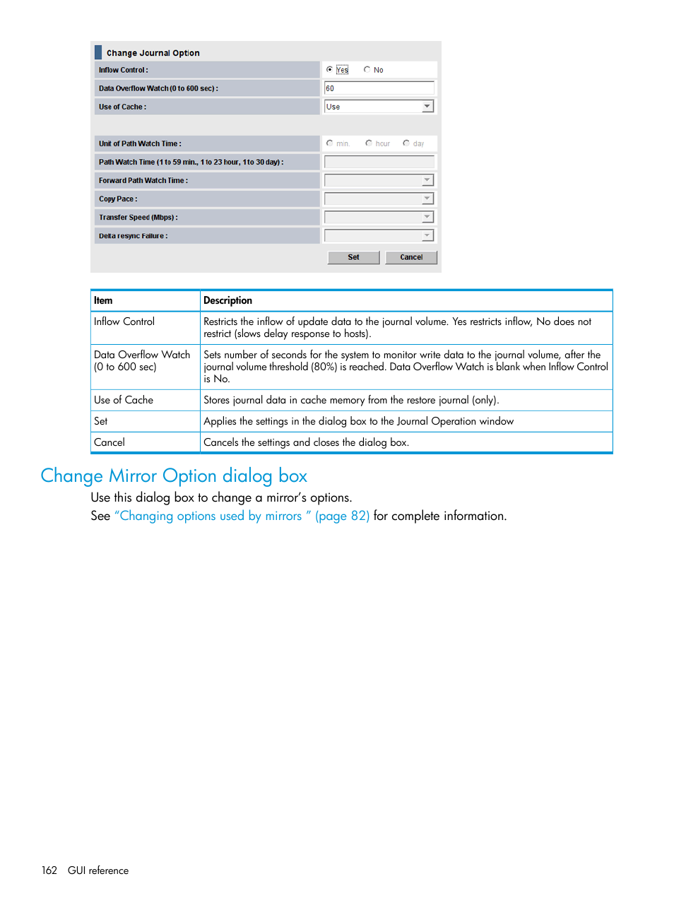 Change mirror option dialog box | HP XP P9500 Storage User Manual | Page 162 / 192