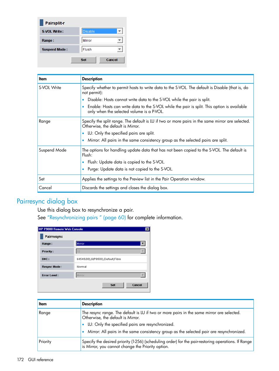 Pairresync dialog box | HP XP P9500 Storage User Manual | Page 172 / 192