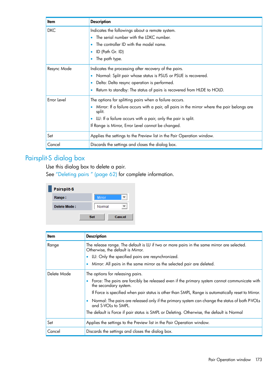 Pairsplit-s dialog box | HP XP P9500 Storage User Manual | Page 173 / 192