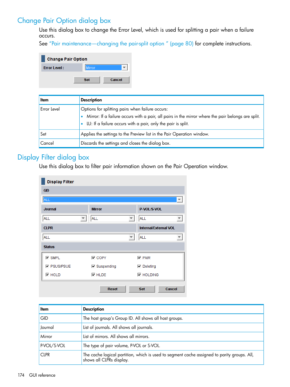 Change pair option dialog box, Display filter dialog box | HP XP P9500 Storage User Manual | Page 174 / 192