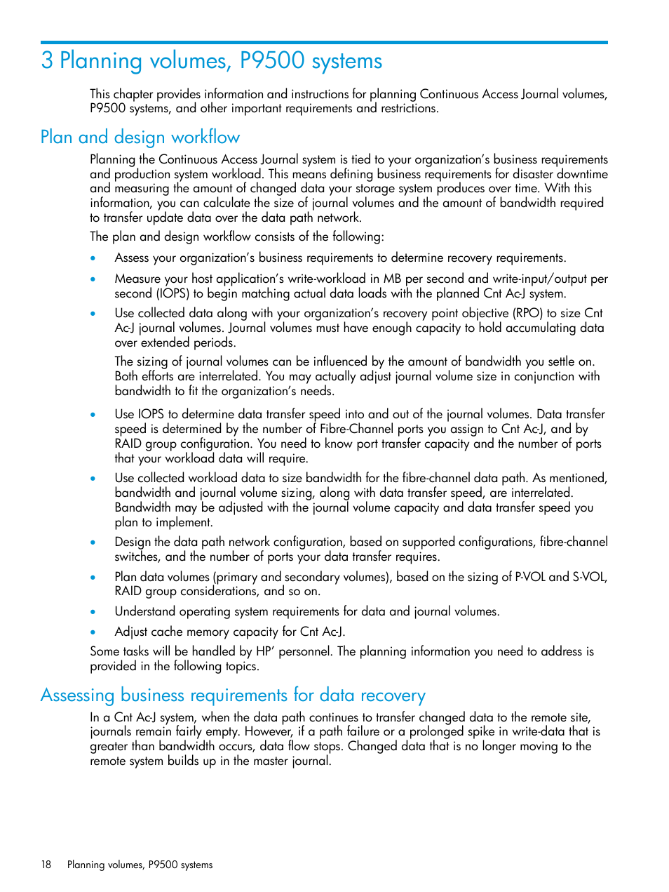 3 planning volumes, p9500 systems, Plan and design workflow, Assessing business requirements for data recovery | HP XP P9500 Storage User Manual | Page 18 / 192