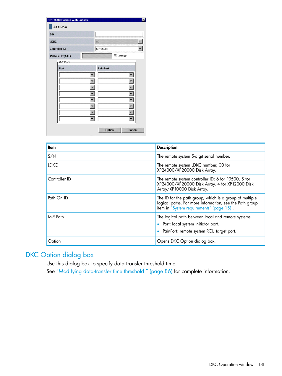 Dkc option dialog box | HP XP P9500 Storage User Manual | Page 181 / 192