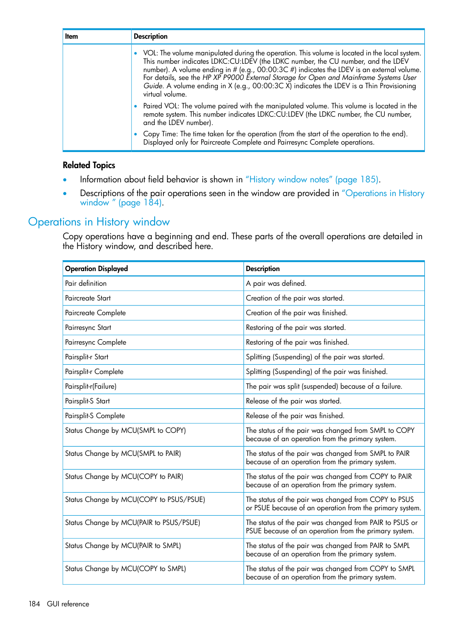 Operations in history window | HP XP P9500 Storage User Manual | Page 184 / 192