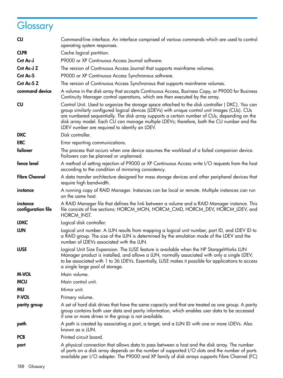 Glossary | HP XP P9500 Storage User Manual | Page 188 / 192