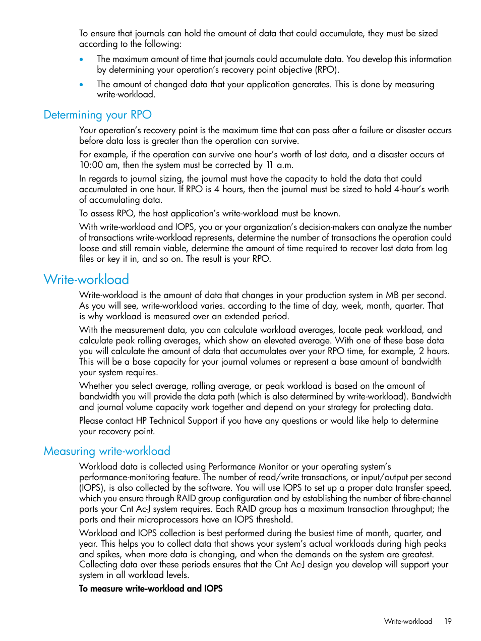 Determining your rpo, Write-workload, Measuring write-workload | HP XP P9500 Storage User Manual | Page 19 / 192
