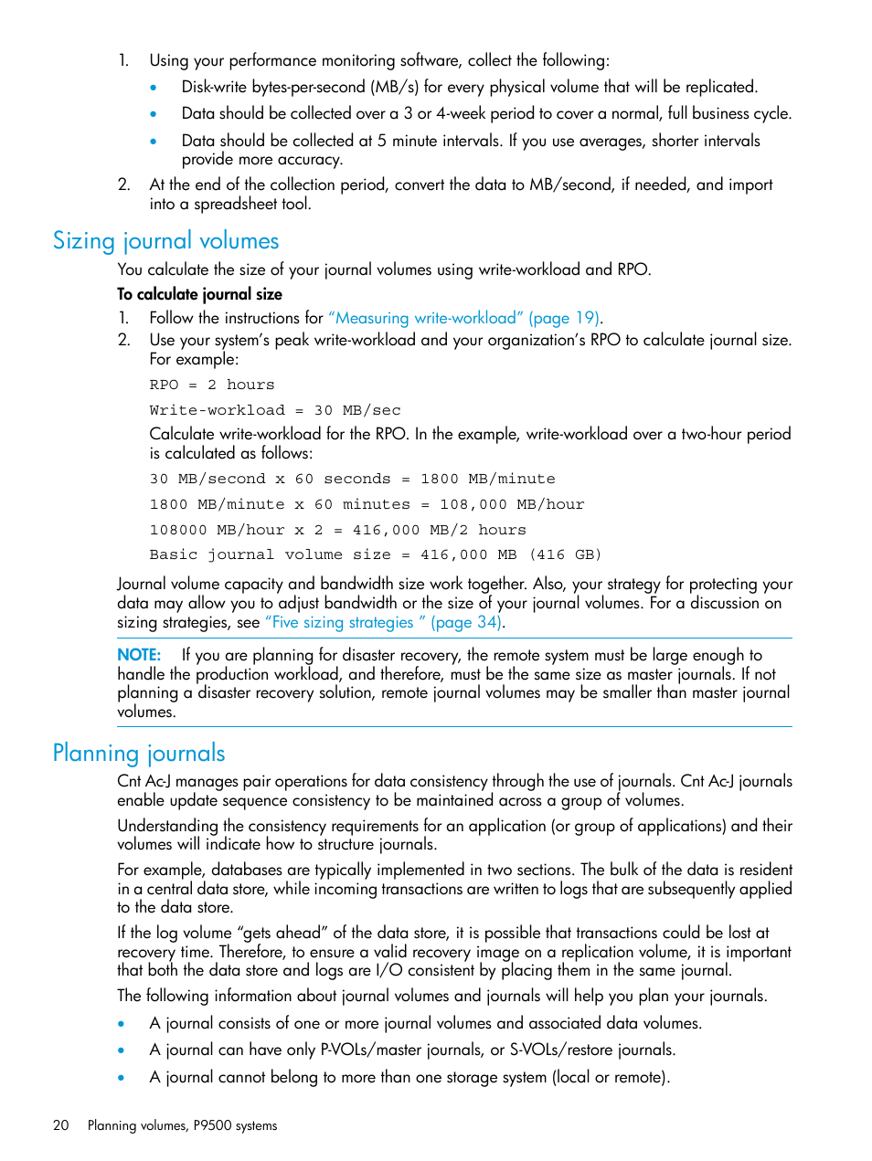 Sizing journal volumes, Planning journals, Sizing journal volumes planning journals | HP XP P9500 Storage User Manual | Page 20 / 192