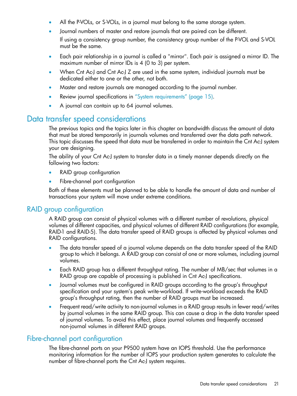 Data transfer speed considerations, Raid group configuration, Fibre-channel port configuration | HP XP P9500 Storage User Manual | Page 21 / 192