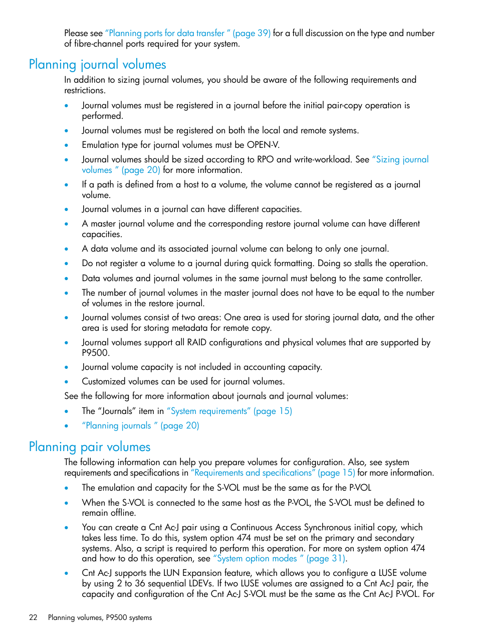 Planning journal volumes, Planning pair volumes, Planning journal volumes planning pair volumes | HP XP P9500 Storage User Manual | Page 22 / 192