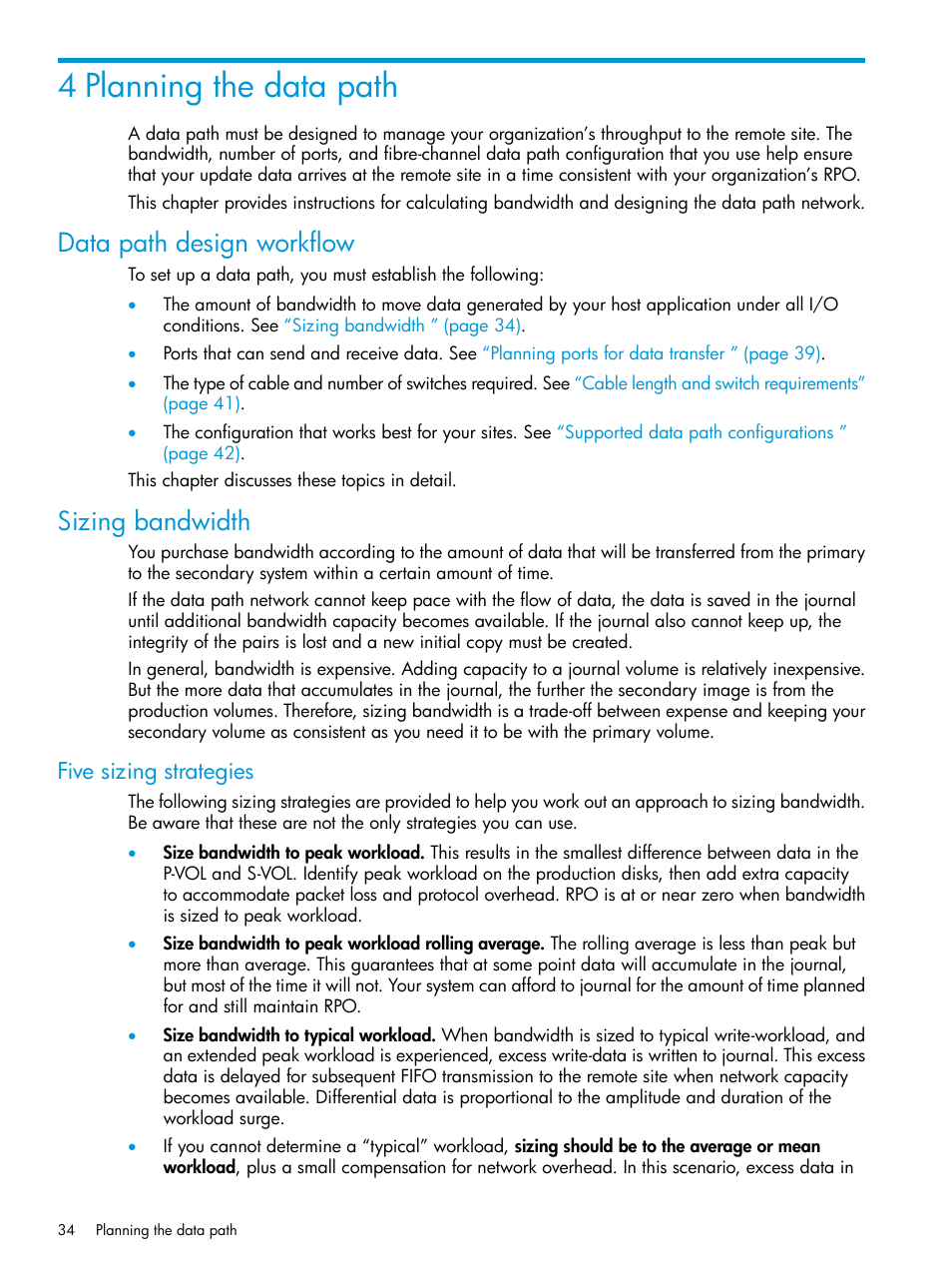 4 planning the data path, Data path design workflow, Sizing bandwidth | Five sizing strategies | HP XP P9500 Storage User Manual | Page 34 / 192