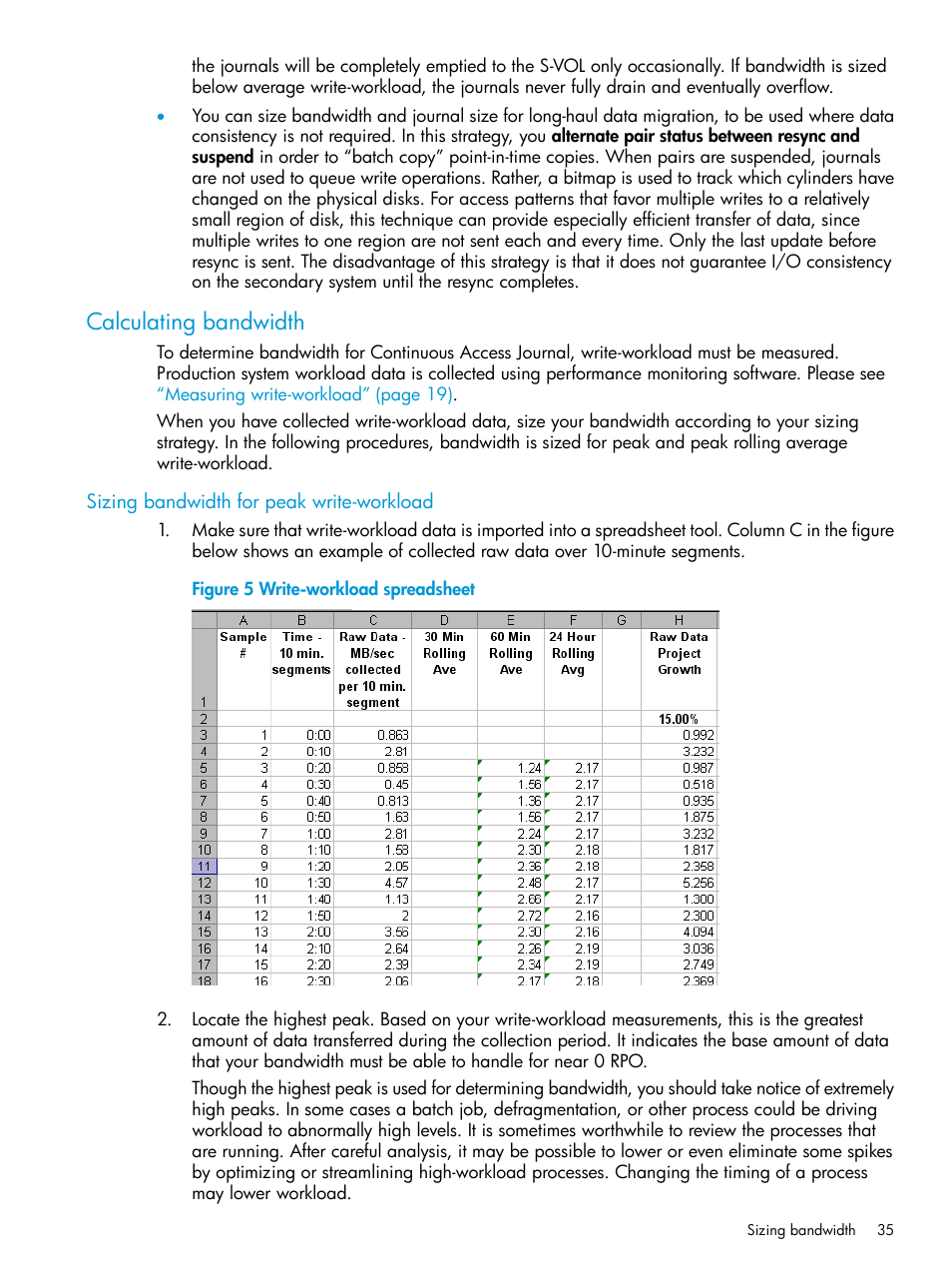 Calculating bandwidth, Sizing bandwidth for peak write-workload | HP XP P9500 Storage User Manual | Page 35 / 192