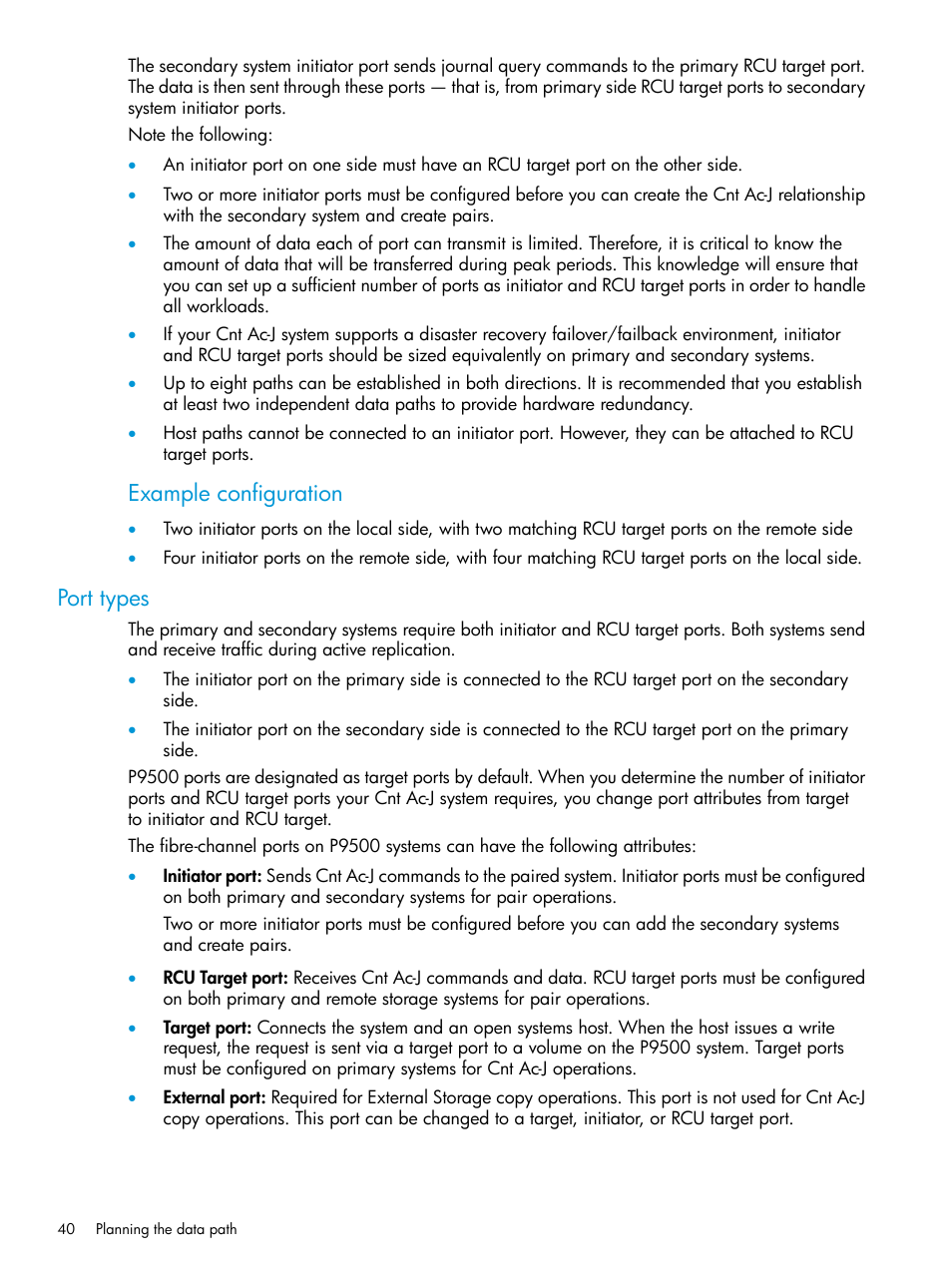 Port types, Example configuration | HP XP P9500 Storage User Manual | Page 40 / 192