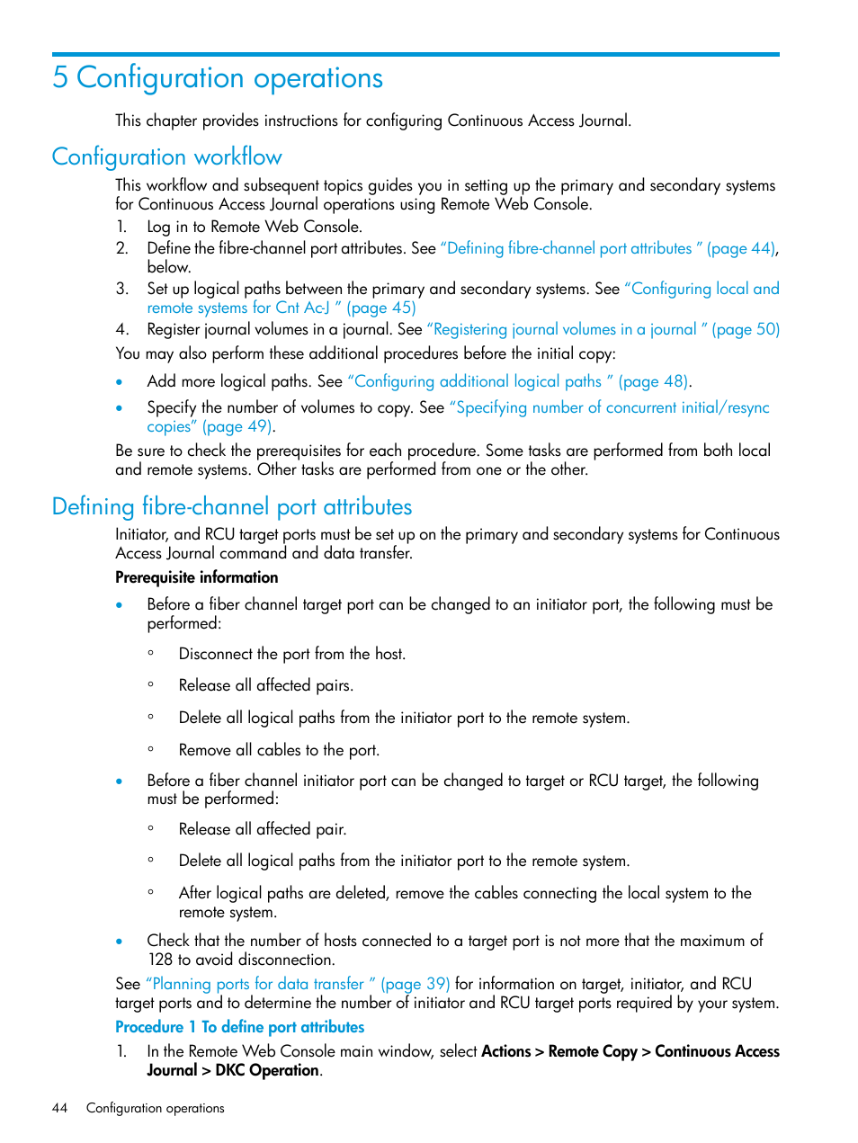 5 configuration operations, Configuration workflow, Defining fibre-channel port attributes | HP XP P9500 Storage User Manual | Page 44 / 192